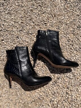 Pura Lopez Black Leather Croc-Embossed Pointed Toe Ankle Booties